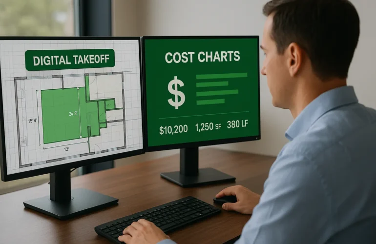 A construction estimator sits at a desk working on dual monitors showing a digital takeoff plan and cost charts. The left screen displays a floor plan with green-highlighted measurement areas labeled “Digital Takeoff,” while the right screen shows cost data including $10,200, 1,250 SF, and 380 LF. The setting is modern and professional, representing digital construction estimating accuracy and technology.