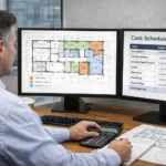 UK commercial construction estimator reviewing detailed project drawings.