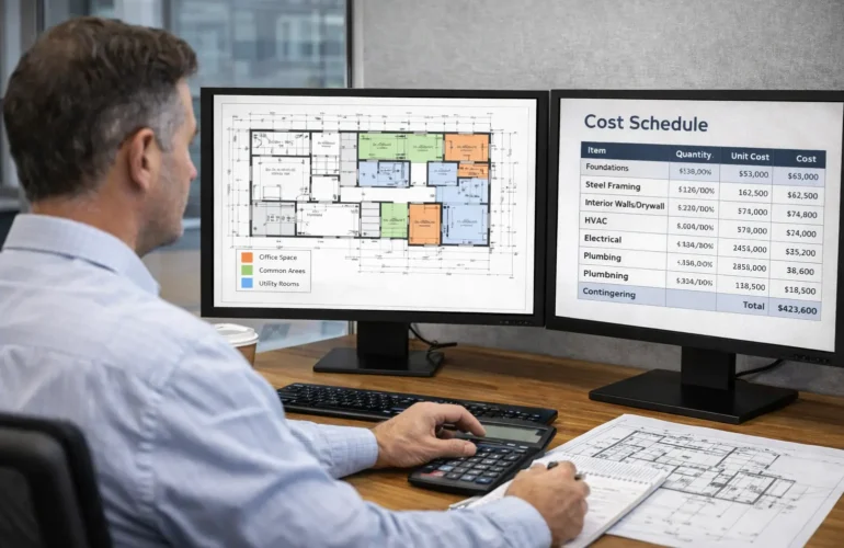 UK commercial construction estimator reviewing detailed project drawings.