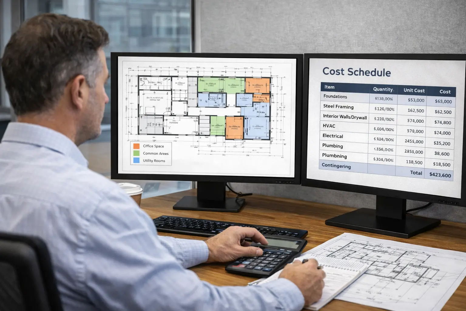 UK commercial construction estimator reviewing detailed project drawings.