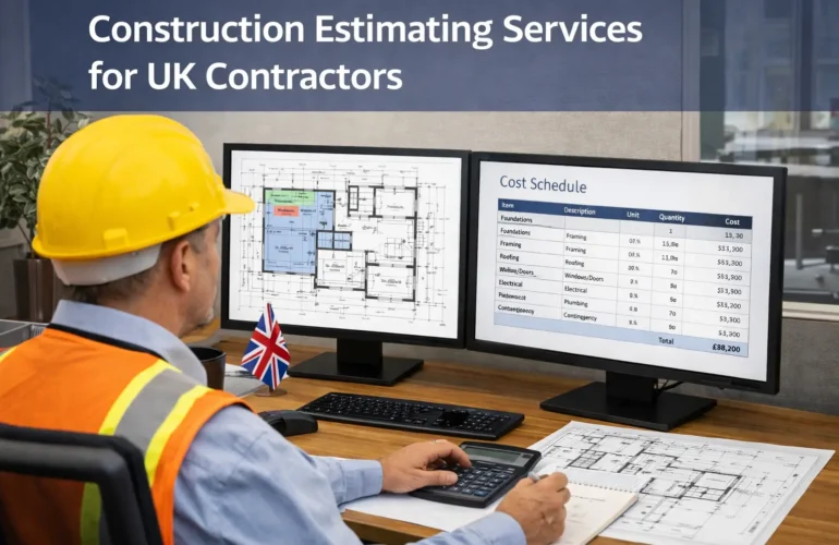 UK estimator reviewing construction drawings and cost estimates.