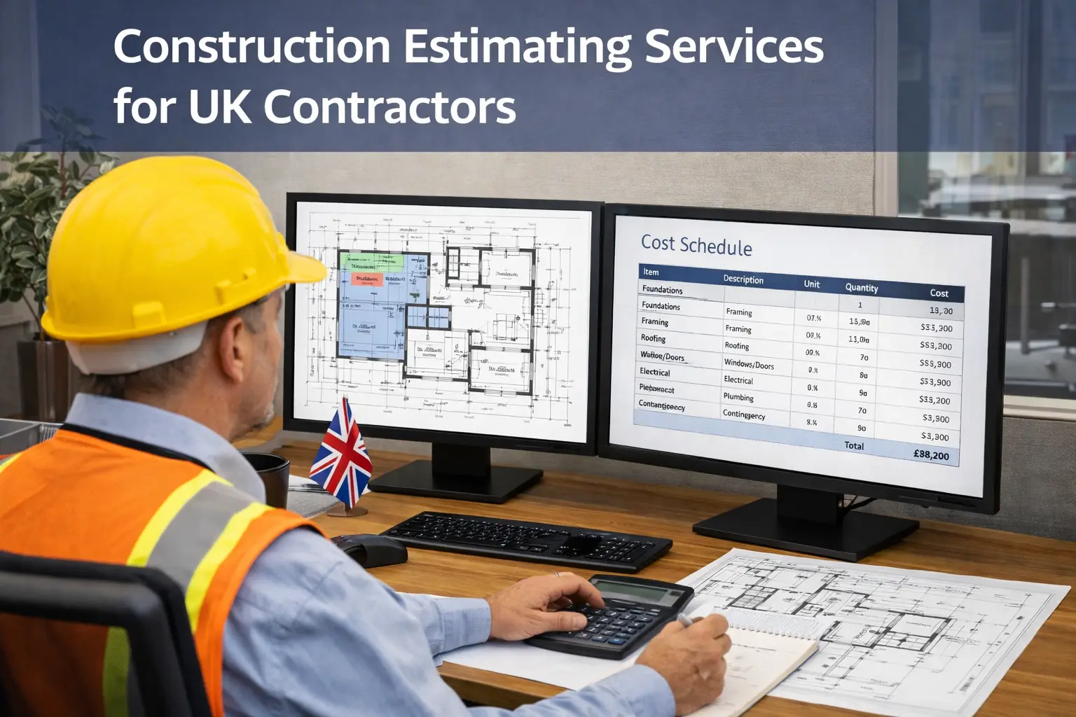 UK estimator reviewing construction drawings and cost estimates.