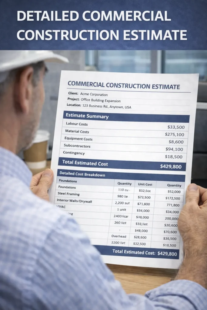 Contractor reviewing commercial construction cost estimate.
