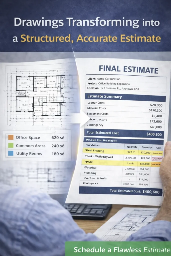Contractor reviewing a detailed UK construction cost breakdown.