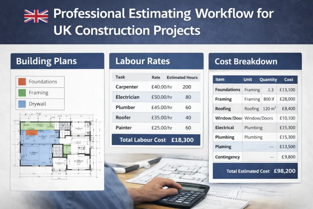 UK construction estimating workflow with labour and material pricing.
