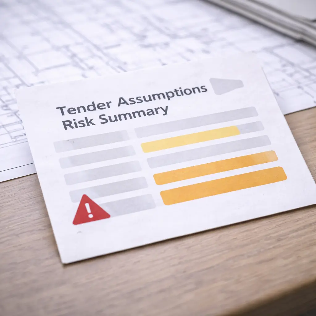 Tender assumptions risk summary card with colour-coded risk levels on a desk