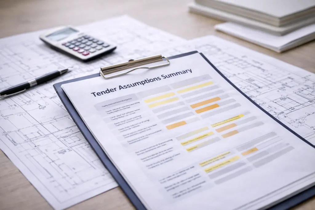 Top-down view of a tender assumptions summary with drawings, calculator, and pen on a desk