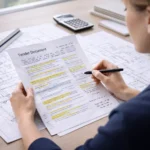 Female construction professional reviewing a tender document with architectural drawings on a desk