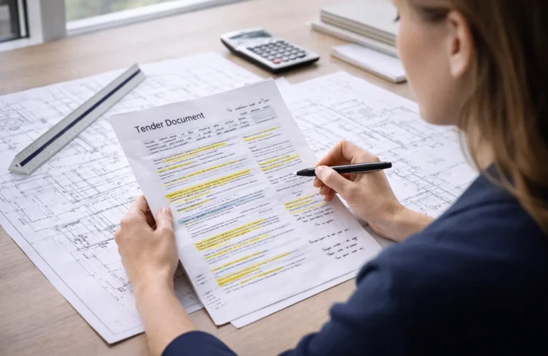 Female construction professional reviewing a tender document with architectural drawings on a desk