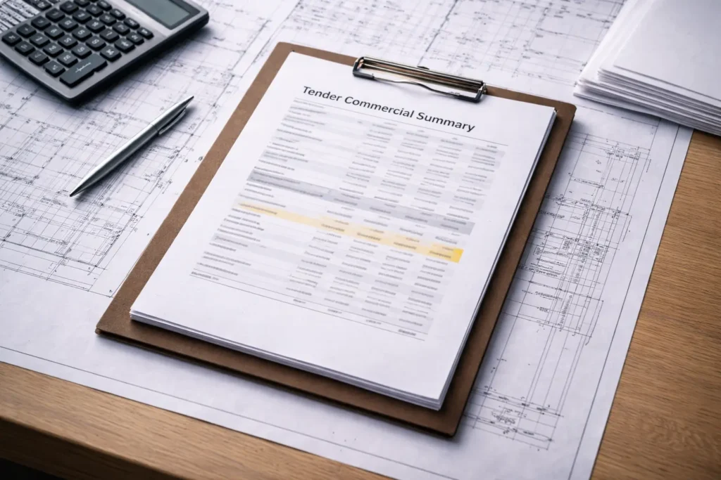 Top-down view of a tender commercial summary with drawings, calculator, and pen on a desk