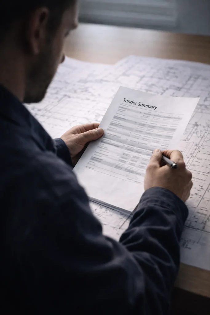 UK contractor reviewing a tender summary while comparing it with architectural drawings