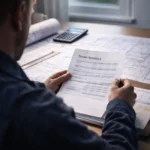 UK construction contractor reviewing a tender summary with drawings and calculator on a desk