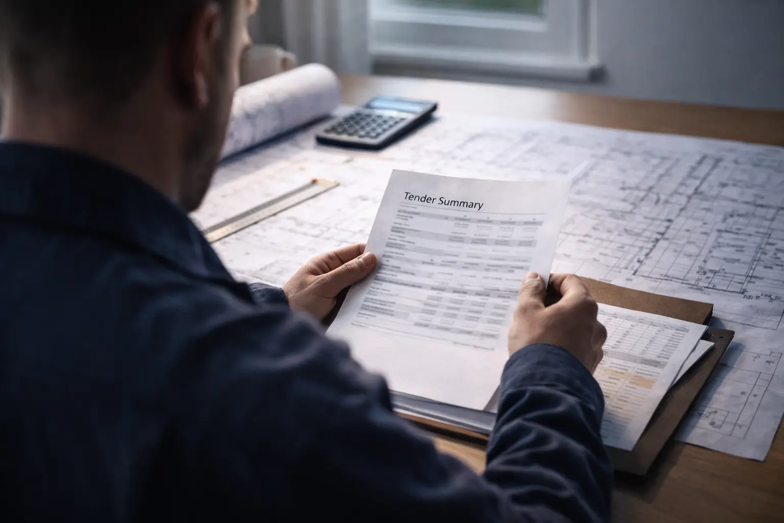 UK construction contractor reviewing a tender summary with drawings and calculator on a desk